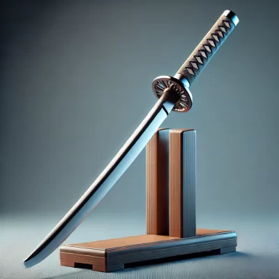 DALL·E 2024 07 23 20.08.49 A high quality image of a Tsurugi Ken sword displayed on a stand. The sword is straight double edged and has a traditional design with a decorated h