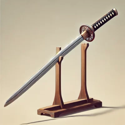 DALL·E 2024 07 23 20.10.42 A high quality image of a Tachi sword displayed on a stand. The sword is long curved and single edged with an ornate guard and handle. The backgroun