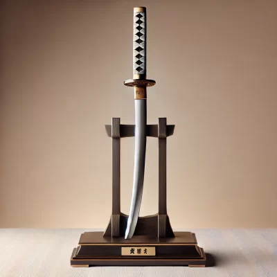 DALL·E 2024 07 23 20.11.34 A high quality realistic image of a Kodachi sword displayed on a stand. The sword is shorter than a Tachi with a curved single edged blade and a de