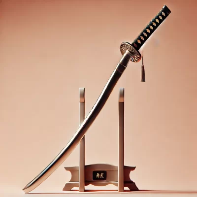 DALL·E 2024 07 23 20.12.49 A high quality image of an Odachi Nodachi sword displayed on a stand. The sword is large with a long curved single edged blade and an ornate hilt an