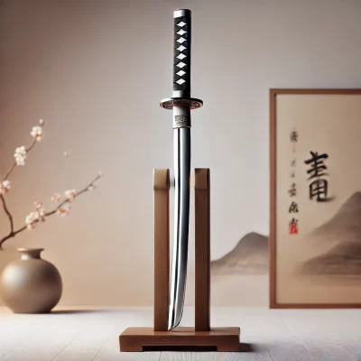 DALL·E 2024 07 23 20.17.14 A high quality image of an Uchigatana sword displayed on a stand. The sword is slightly curved single edged and has a traditional design with a simp