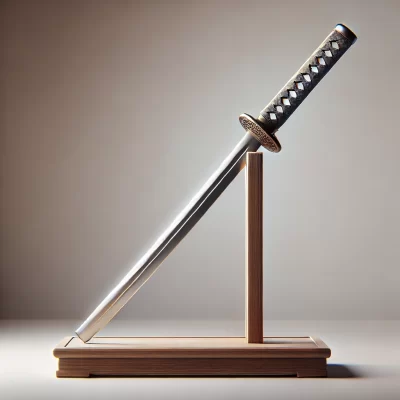 DALL·E 2024 07 23 20.21.28 A high quality realistic image of a Tanto sword displayed on a stand. The sword is short with a single edged or double edged blade and a decorated h