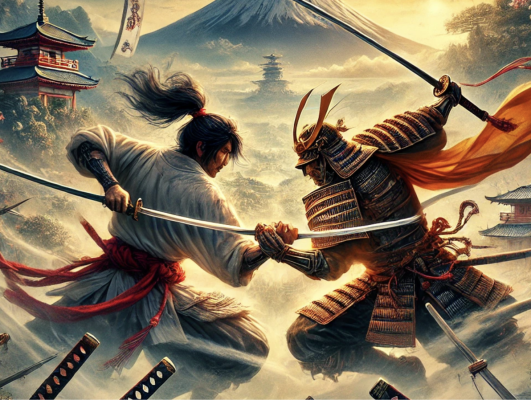 Sasaki Kojiro dueling with Miyamoto Musashi